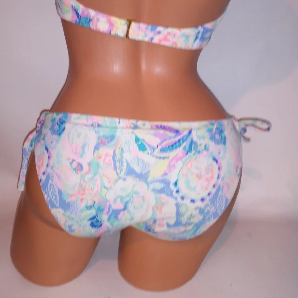 Victoria Secret Swim Bikini 32C Top Medium Bottom Push Up Blue Paisley Halter